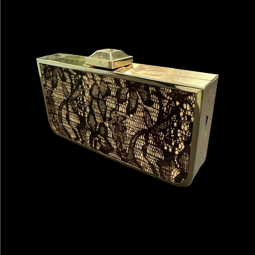Kate Landry Gold Tone With Brown Lace Evening Clutch - Picture 6 of 10